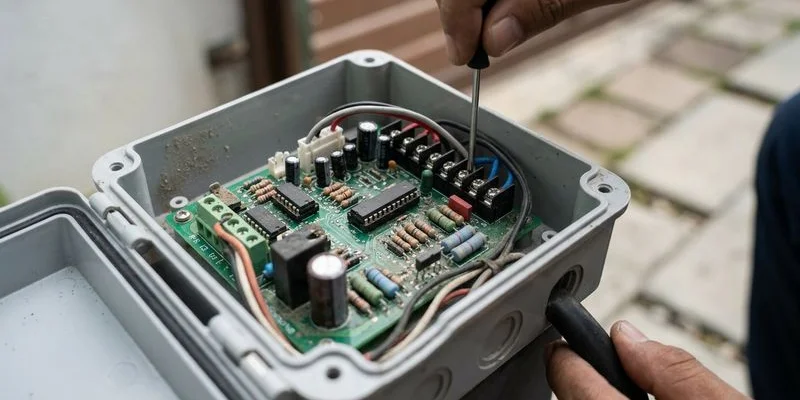 Autogate control panel motherboard showing components and wiring terminals