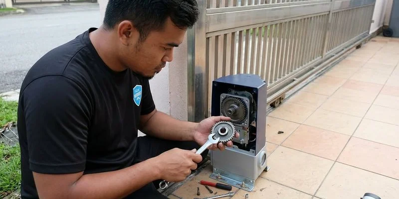 Technician replacing worn autogate motor gears during service appointment