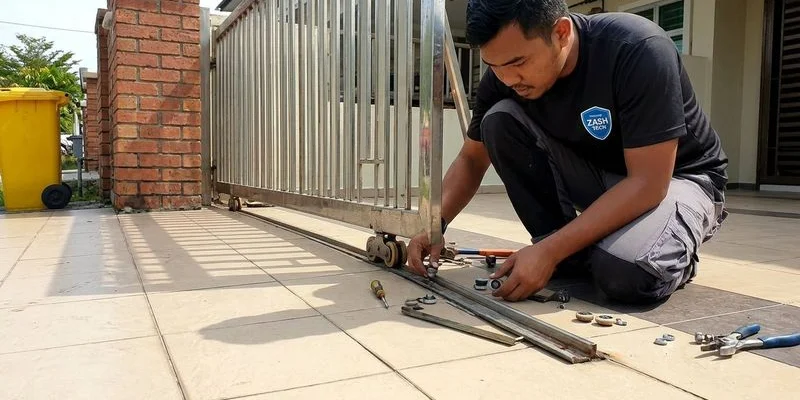 Close-up of autogate limit switch and magnetic sensor mounted on track rail