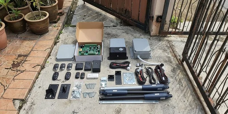 Complete set of autogate spare parts laid out showing all replaceable components