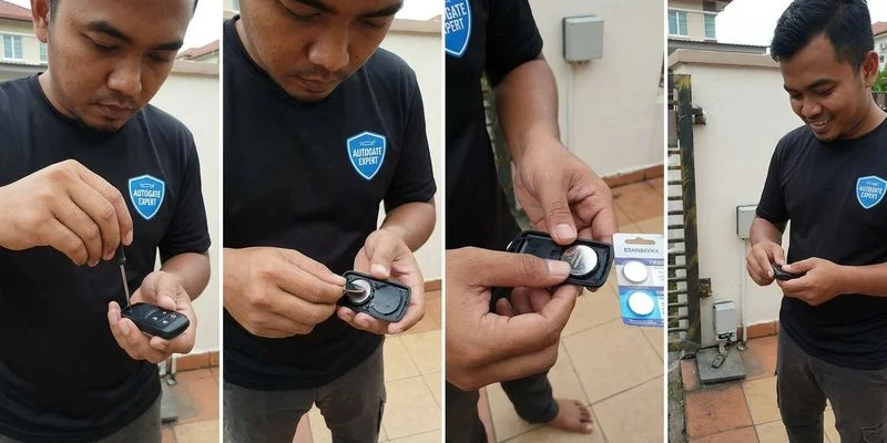 Autogate remote battery compartment open showing battery replacement