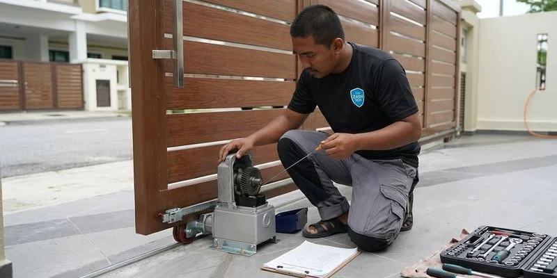 Homeowner performing simple autogate maintenance tasks safely