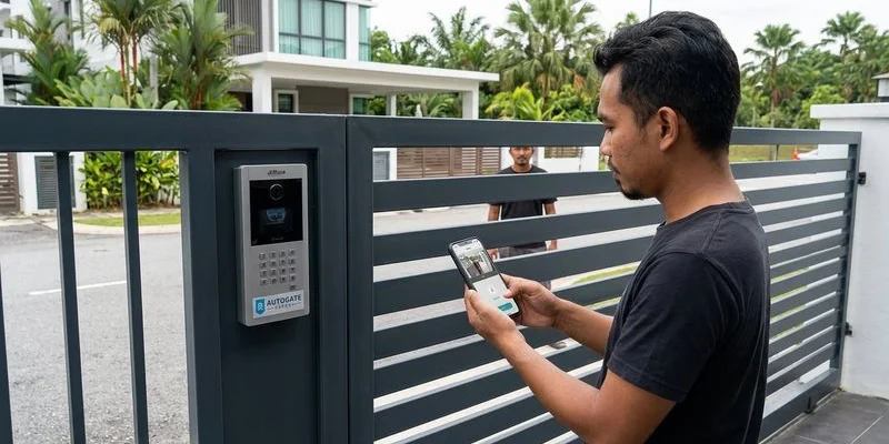 Video intercom screen showing visitor at autogate with open gate button