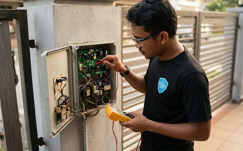Autogate technician performing diagnostics on a control panel and motherboard
