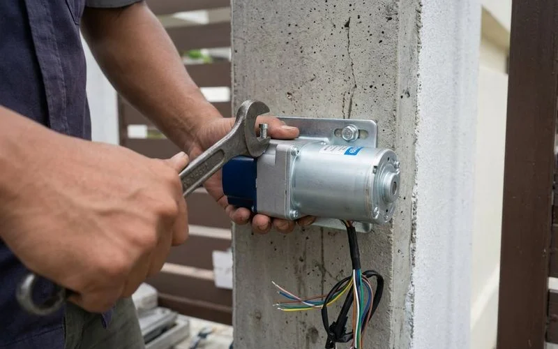 Sliding autogate motor installation with rack and pinion gear system on concrete pillar