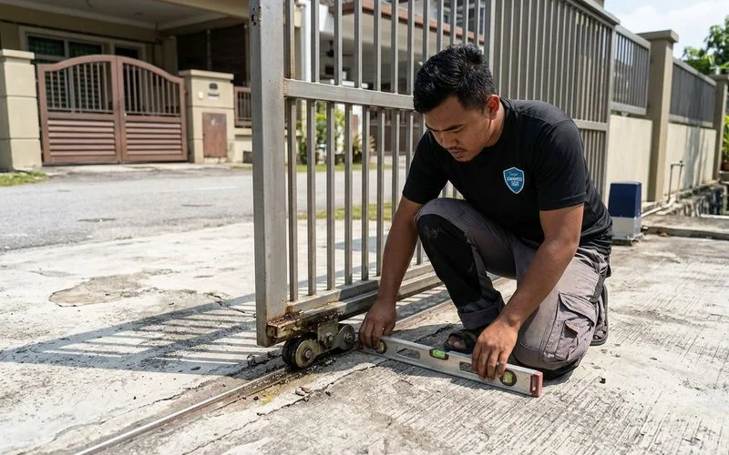 Completed sliding autogate installation with professional track alignment and remote control system