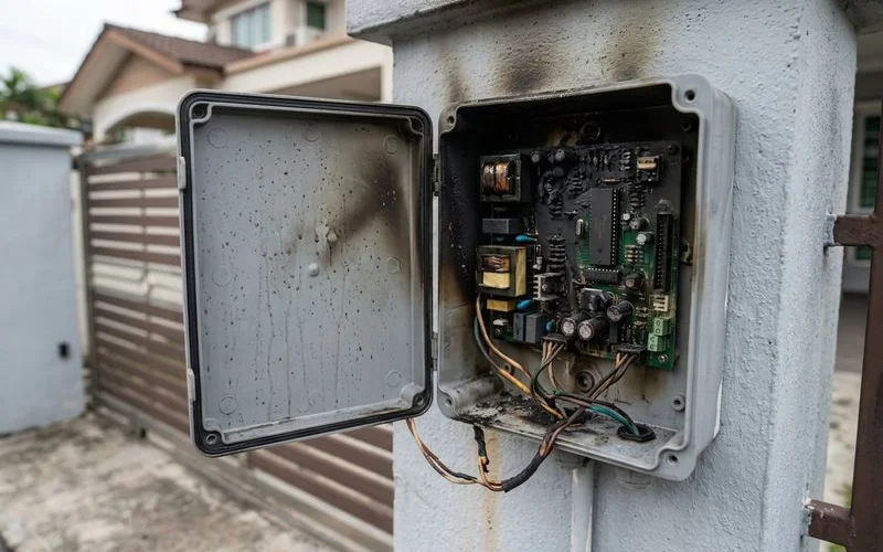 Lightning damaged autogate control panel showing burnt components and circuit board damage from power surge
