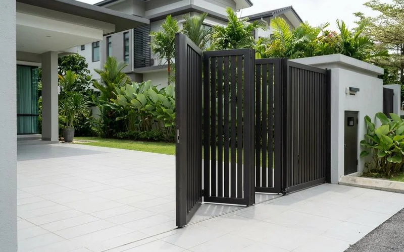 Modern trackless autogate installed at an upscale Malaysian bungalow property with clean minimal design