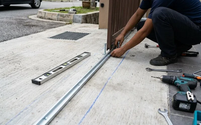 New sliding gate track installed with precise alignment and heavy-duty anchor bolts
