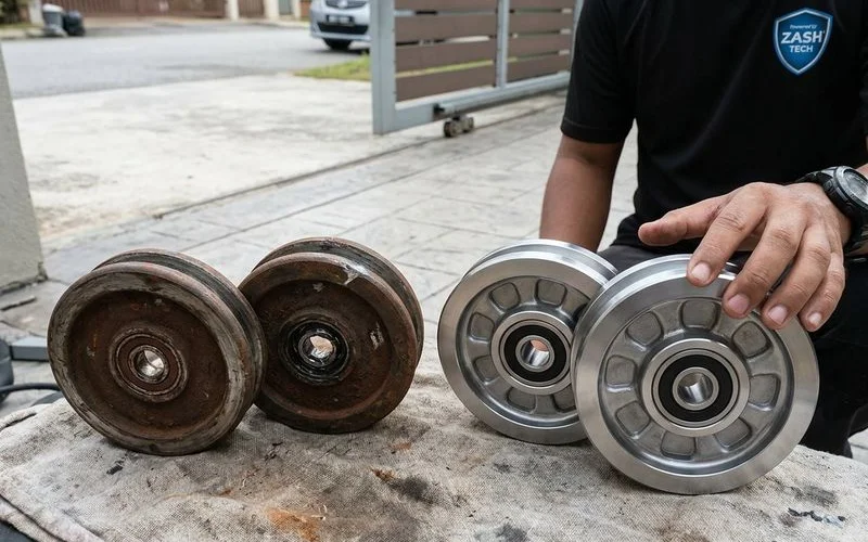 Worn autogate bottom wheels being replaced with new heavy-duty roller bearings