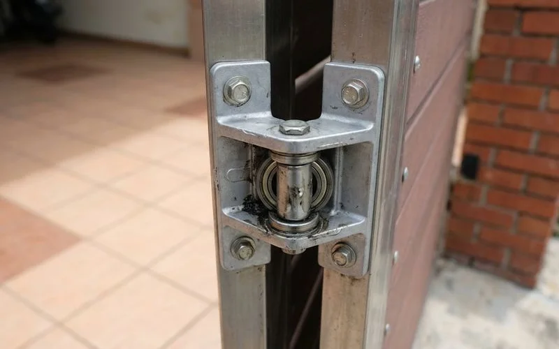 Close-up of trackless autogate hinge mechanism with die-cast aluminum components