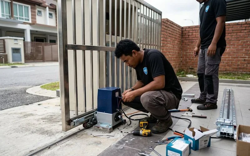 Sliding autogate installed at a Malaysian terrace house showing the track and motor mechanism