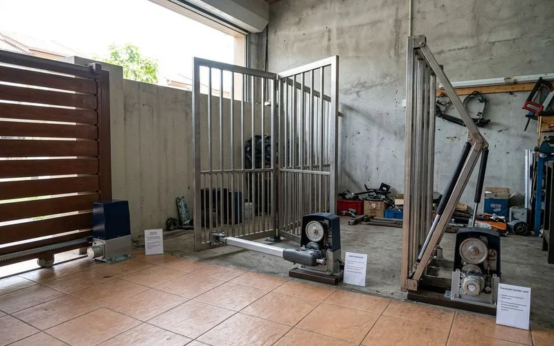 Comparison chart showing space requirements for sliding versus swing autogates at residential properties