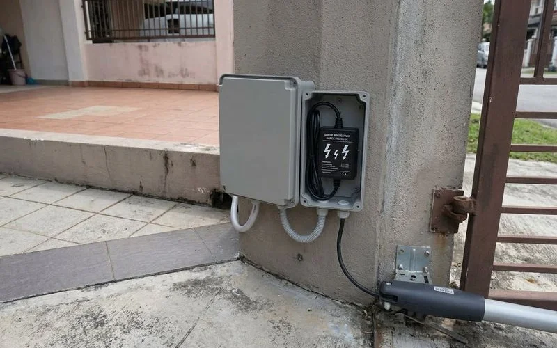 Surge protector device installed on autogate power supply line protecting control panel from lightning damage