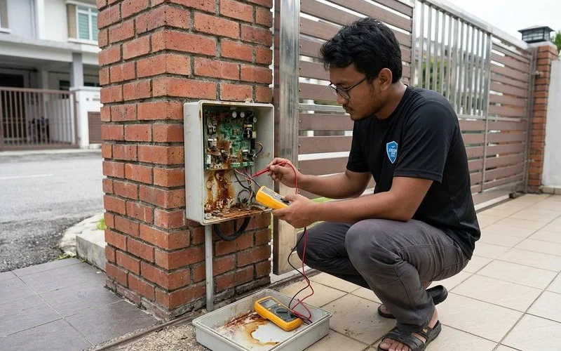 Technician inspecting autogate control box for signs of water damage and electrical deterioration needing repair