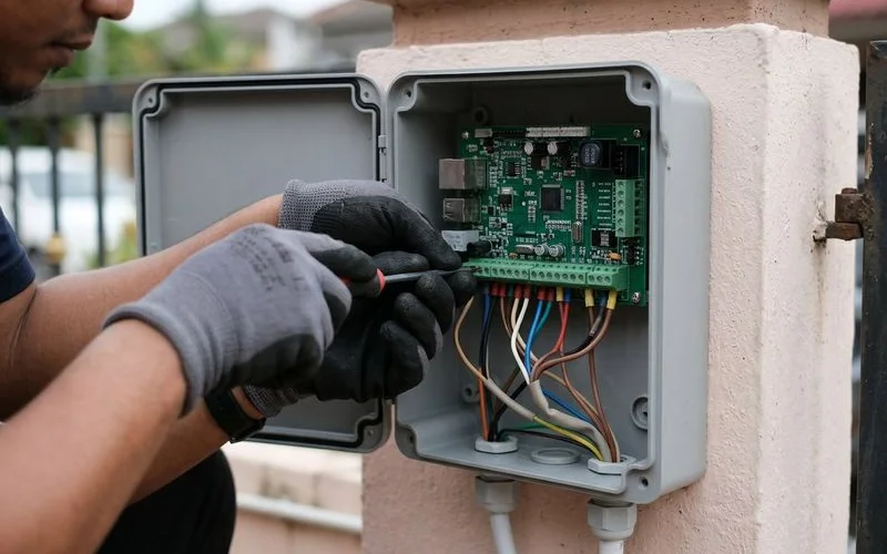 Technician weighing and measuring a residential gate panel to determine correct motor capacity needed