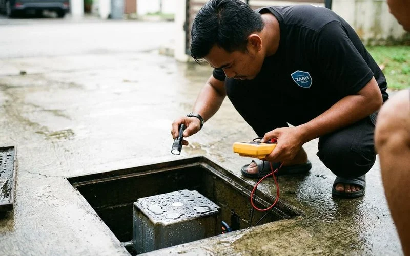 Technician opening underground motor pit to inspect for water damage and corrosion