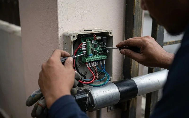 Technician replacing a faulty autogate motor with a new genuine replacement unit