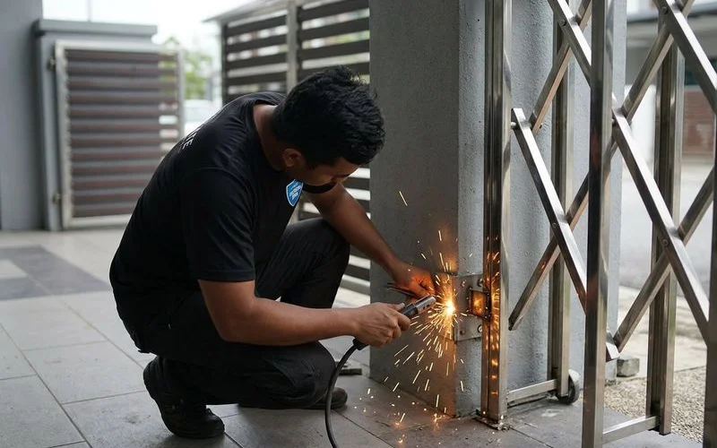 Technician installing swing arm bracket with welding on gate pillar
