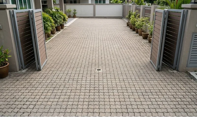 Trackless folding autogate in open position showing clean driveway without any floor track