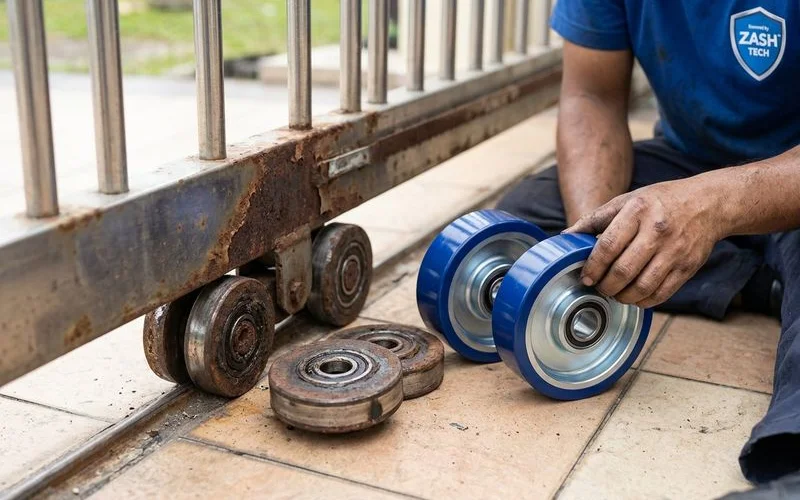 Traditional folding gate at a Malaysian terrace house showing multiple hinged panels and roller system