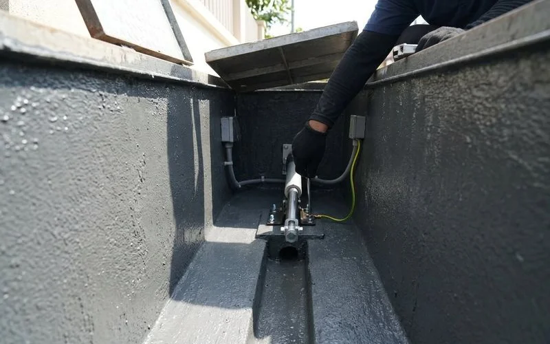 Underground motor pit after waterproofing treatment with sealed walls and drainage channels