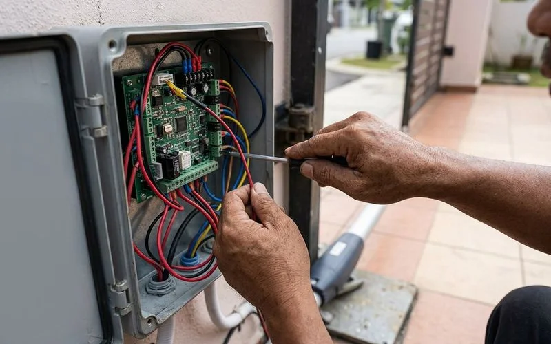Worker reinforcing gate pillar with steel rebar and concrete for heavy duty autogate motor installation