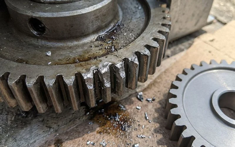 Close up of worn autogate gear teeth showing damage from lack of maintenance causing grinding noise