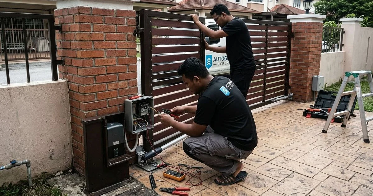 Hand holding autogate remote control pointing at gate receiver