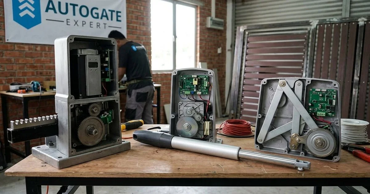 Collection of autogate spare parts including control panel battery remote and gears